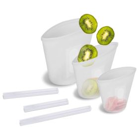 3Pcs Silicone Food Storage Bags Reusable Leakproof Food Container Set with 3 Seals Microwave Dishwasher Safe Environment Friendly 8.5Oz/17Oz/25.4 (Color: White)